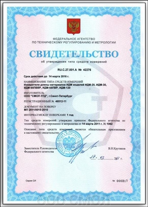 Свидетельство на Измеритель длины кабеля