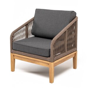 Канны кресло (70х70х75см) плетеное из роупа, основание дуб, роуп коричневый круглый, ткань темно-серая
