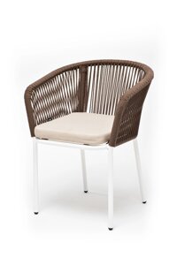 Марсель плетеный стул (57х62х80см) из роупа, каркас алюминий белый, роуп коричневый, ткань бежевая