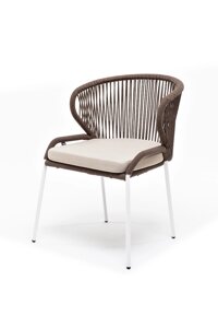 Милан стул (60х66х81см) плетеный из роупа (веревки), каркас алюминиевый белый, роуп коричневый, ткань бежевая