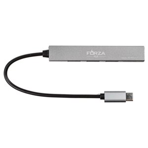 FORZA USB-хаб 4 в 1, 3xUSB 2.0, 1xMicro-SD, штекер Type-C, корпус металлик, пластик