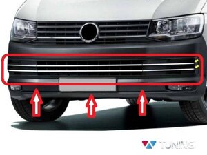 Накладки на решётку переднего бампера 6 частей из нерж. стали (Турция) для Volkswagen Transporter T6 2015-2019 узкие