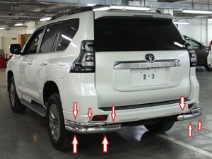 Защита заднего бампера углы двойные 75/42 мм из нержавеющей стали (Руссталь) для Toyota Prado 150 2019-2020 (Style)
