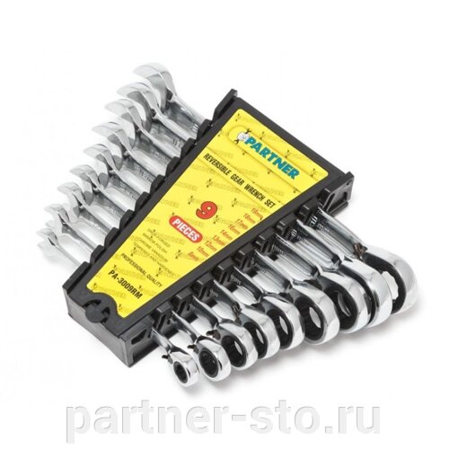 Partner PA-3009RM Набор ключей комбинированных трещоточных с реверсом 9пр. (8,10,12,13,14,16,17,18,19мм) в пл. держателе