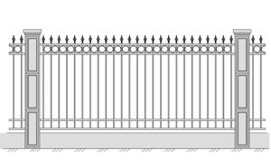 Кованое ограждение с вертикальными элементами с оформлением верхнего края кружочками и стрелой