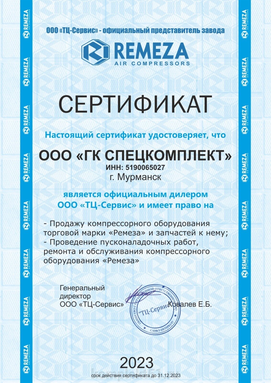 Сертификат дилера Remeza Сертификат дилера Remeza