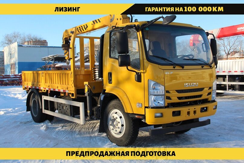Бортовой автомобиль на шасси Isuzu Elf 4х2, 205 л. с, борт 3.6 м, с КМУ XCMG 3.2 т от компании Альфа-КПД - фото 1
