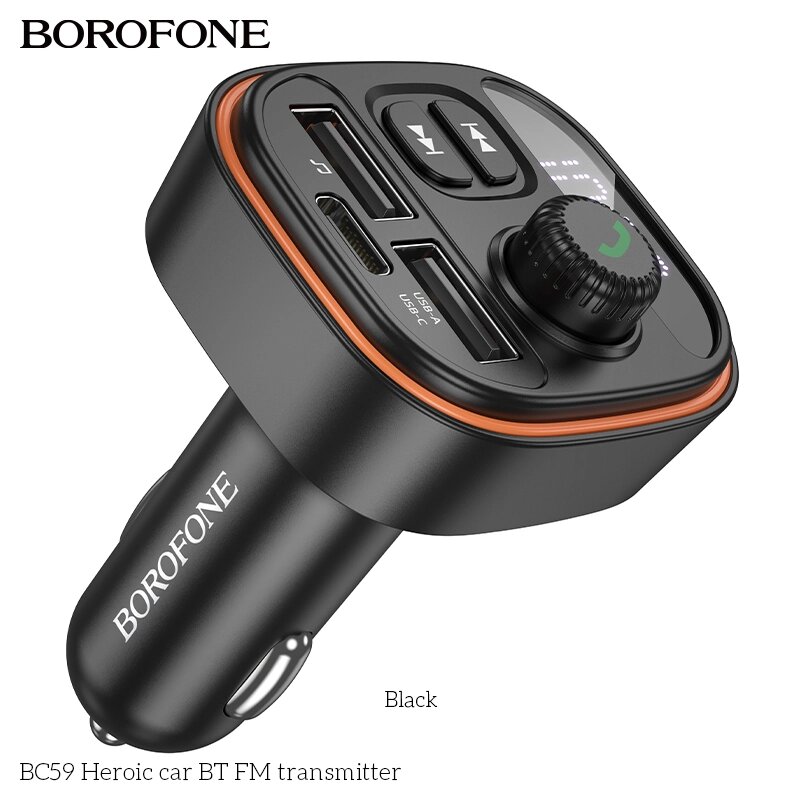 FM-трансмиттер+АЗУ Borofone BC59 Heroic 1USB+1Type-C 3.0A Black от компании Медиамир - фото 1