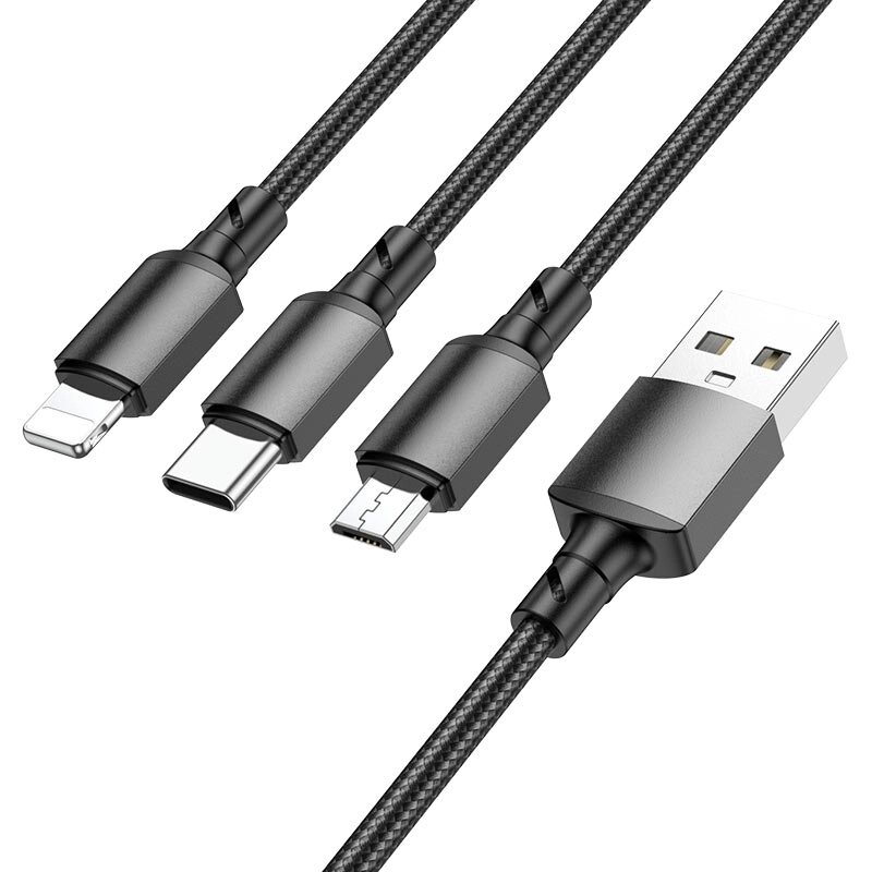 Кабель 3in1 Borofon BX72 2A USB - Lighting / Micro / Type-C 1м нейлон Black пд от компании Медиамир - фото 1