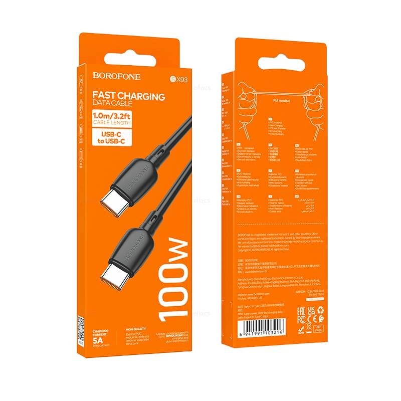 Кабель TypeC - TypeC Borofon BX93aa 3.0A 60W быстрая зарядка 1м Black пд от компании Медиамир - фото 1