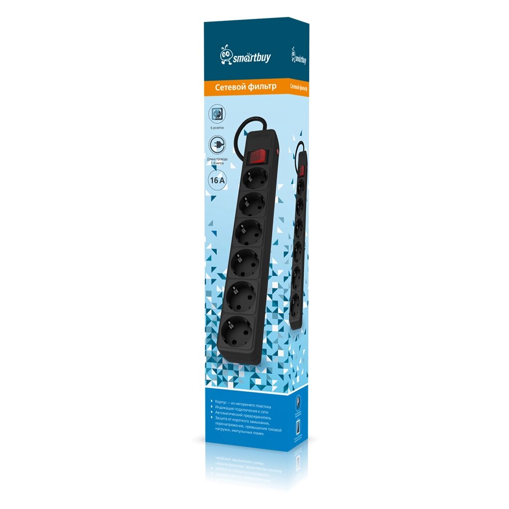 Сетевой фильтр SmartBuy 16А, 3500 Вт, 6 гнезд, без з/ш, с з/к, ПВС 3x1.0мм, 3.0 м, черн. (SBSP-6-30-K от компании Медиамир - фото 1