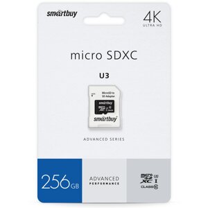 Smart Buy micro SDXC 256GB Class10 U3 V30 A1 Advanced R/W:90/55 MB/s (с адаптером SD)