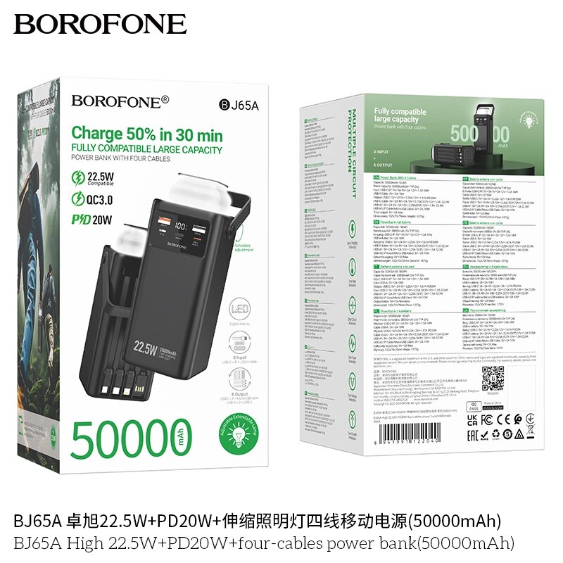Внешний аккумулятор 50000mAh Borofone BJ65A 2USB+TypeC 22.5W + PD20W + четыре кабеля Black д от компании Медиамир - фото 1