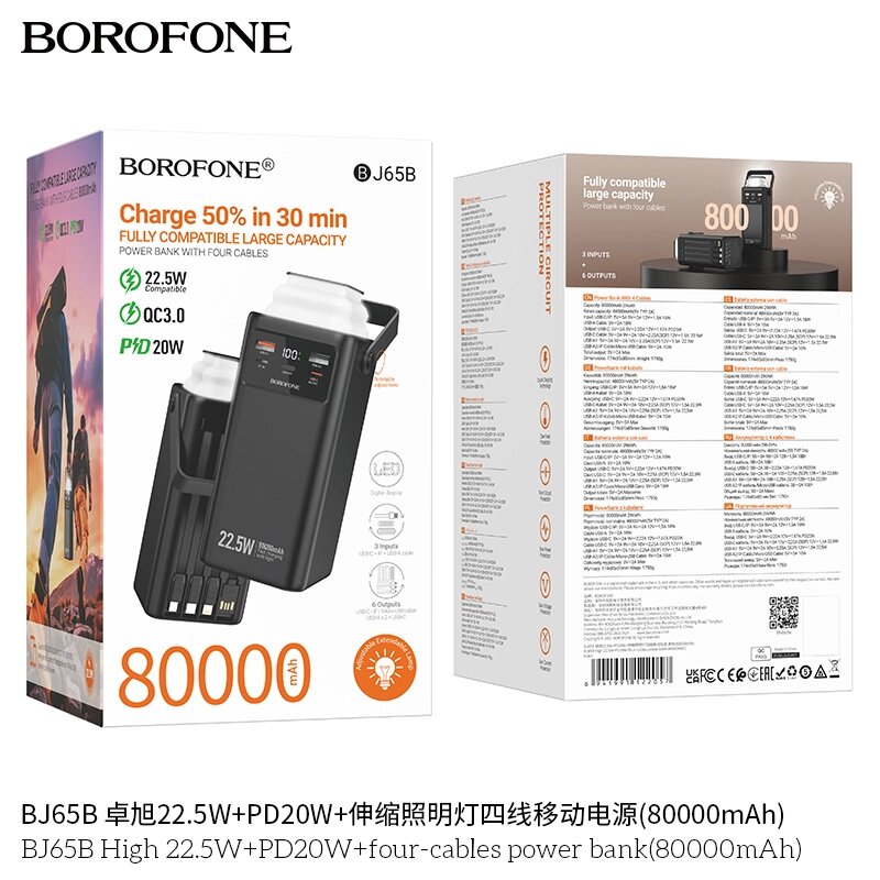 Внешний аккумулятор 80000mAh Borofone BJ65B 2USB+TypeC 22.5W + PD20W + четыре кабеля Black д от компании Медиамир - фото 1