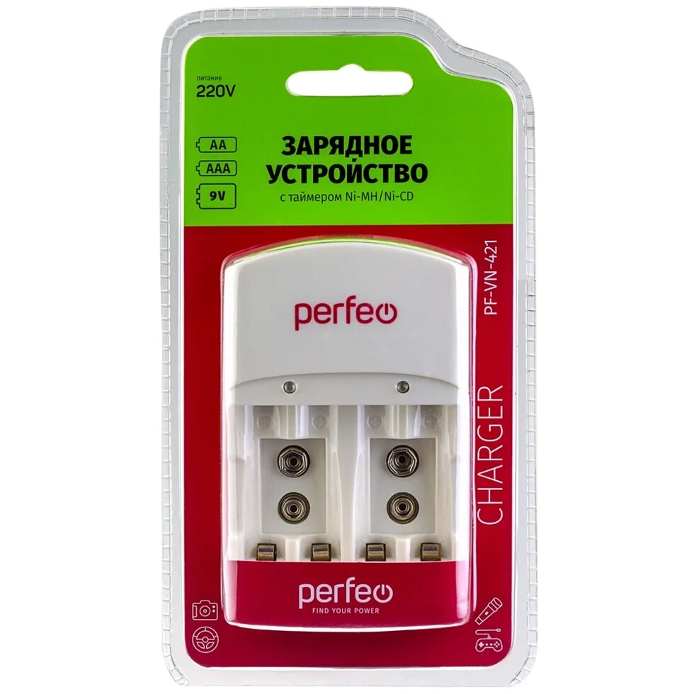 Зарядное устройство Perfeo PF-VN-421 Ni-MH/CD, 220V, 4 слота, AA/AAA/9V, таймер (PF_B4048) от компании Медиамир - фото 1