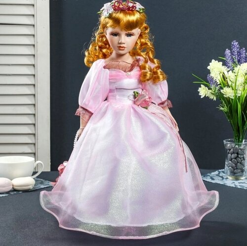 Кукла коллекционная керамика "Леди Злата в розовом платье с тиарой " 40 см