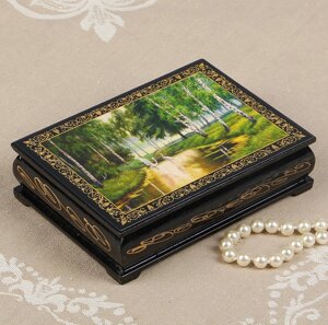 Шкатулка «Аисты в лесу», 1014 см, лаковая миниатюра