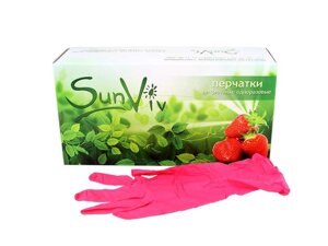 Перчатки нитриловые плотные SunViv, розовые, текстурированные - S