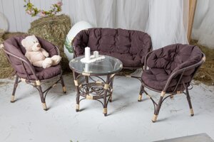 Комплект мебели с диваном Багама, подушки "ушки" коричневые (полиротанг) (Р)