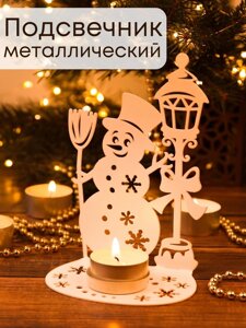 Подсвечник новогодний металлический белый Снеговик Омский свечной