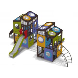 Комплекс-лабиринт для детской игровой площадки; 2 башни, 2 горки, канатные стенки, 2 лаза; дерево, металл
