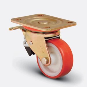 Колесо сверхмощное полиуретановое поворотное с тормозом 150 мм, диск-полиамид