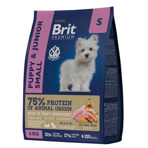 Brit Premium Dog Puppy and Junior Small с курицей для щенков и молодых собак с 1–12 месяцев мелк. пород до 10 кг, 3 кг.