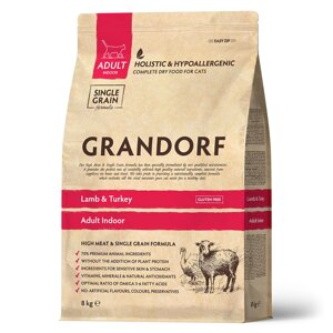Grandorf Lamb & Turkey Adult Indoor, ягнёнок с индейкой для домашних кошек. 8 кг.