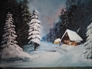 Картина ручной работы "Избушка в зимнем лесу"