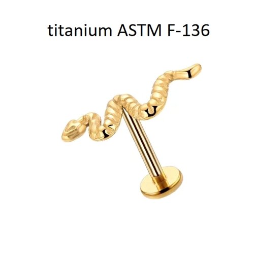 Лабреты для пирсинга 1.2*8 мм из титанового сплава ASTM F-136 с внутренней резьбой "змея" gold