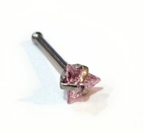 Пирсинг носа 0,8*6*3 мм "ball end" из хир. стали 316L с розовым кристаллом "треугольник"