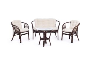 Комплект для отдыха "BAHAMA"диван + 2 кресла + стол со стеклом ) /с подушками/ walnut (грецкий орех)