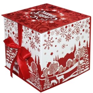 Коробка складная с бантом КУБ красный, 1300 гр, подарочная новогодняя упаковка для конфет