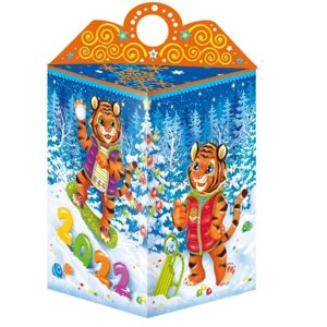Новогодняя упаковка На горке, 1000 г, картонная подарочная коробка (2022 год тигра)