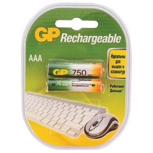 Батарейки аккумуляторные комплект 2 шт., GP, AAA (HR03), ni-mh, 750 mah, блистер, 75AAAHC-2DECRC2