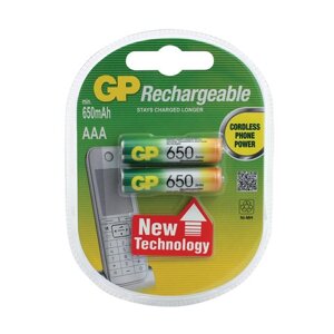 Батарейки аккумуляторные ni-mh мизинчиковые комплект 2 шт., AAA (HR03) 650 mah, GP, 65AAAHC-2DECRC2