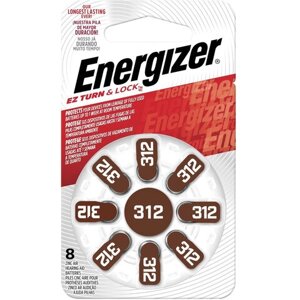 Батарейки для слуховых аппаратов КОМПЛЕКТ 8 шт., ENERGIZER Zinc Air 312, блистер