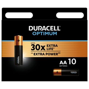 Батарейки КОМПЛЕКТ 10 шт., DURACELL Optimum, AA (LR6,15А), х30 мощность, алкалиновые, пальчиковые