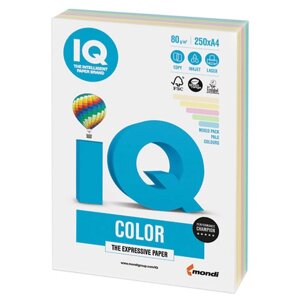 Бумага цветная IQ color, А4, 80 г/м2, 250 л. 5 цветов x 50 листов), микс пастель, RB01
