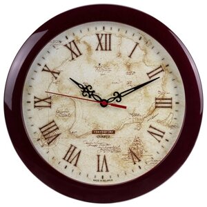 Часы настенные TROYKATIME (TROYKA) 11131150, круг, бежевые с рисунком Карта, коричневая рамка, 29х29х3,5 см