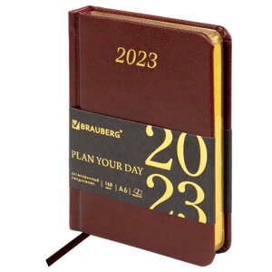 Ежедневник датированный 2023 МАЛЫЙ ФОРМАТ 100х150 мм А6, BRAUBERG Iguana, под кожу, коричневый, 113921