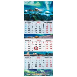 Календарь квартальный на 2023 г., 3 блока, 3 гребня, с бегунком, мелованная бумага, ПРИРОДА, BRAUBERG, 114251