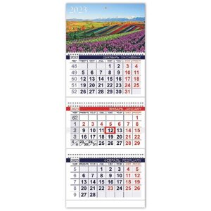 Календарь квартальный с бегунком 2023 г., 3 блока, 3 гребня, ОФИС, Цветущие долины, HATBER, 3Кв3гр3_27059