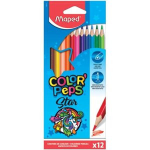 Карандаши цветные MAPED Color'Peps Star, 12 цветов, трехгранные, заточенные, европодвес, 183212