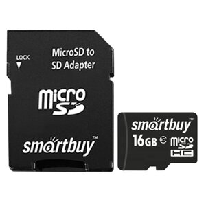 Карта памяти microsdhc, 16 GB, smartbuy, 10 мб/сек. (class 10), с адаптером, SB16gbsdcl10-01