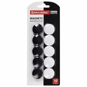 Магниты brauberg BLACK усиленные 30 мм, набор 10 шт., черные/белые, 237468
