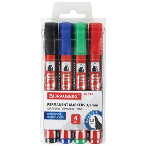 Маркеры перманентные brauberg ULTRA marker, набор 4 цвета, круглый наконечник 3,5 мм, 152208