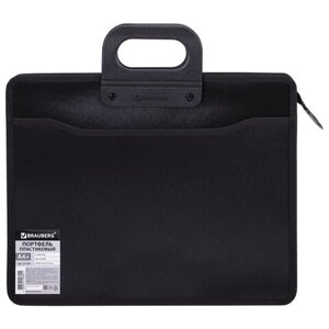 Папка-портфель пластиковая BRAUBERG А4+390х320х120 мм), 4 отделения, фактура под дерево, черная, 221391