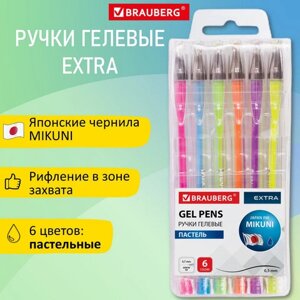 Ручки гелевые пастель brauberg EXTRA, набор 6 цветов, узел 0,7 мм, линия 0,35 мм, 143910
