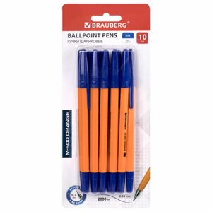Ручки шариковые brauberg M-500 orange, набор 10 шт., синие, узел 0,7 мм, линия письма 0,35 мм, 143951